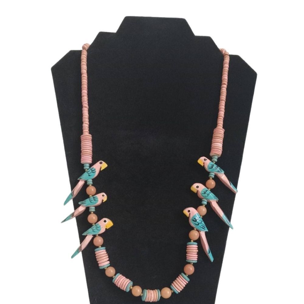 Pinkโand Blue Painted Wooden Parrot Birds Colorful Beaded Statement Necklace